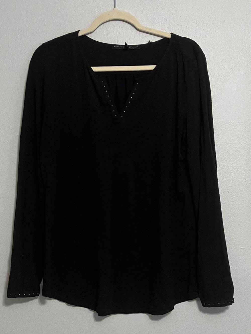 WHBM Black Studded Split Neck Long Sleeve Top Size L